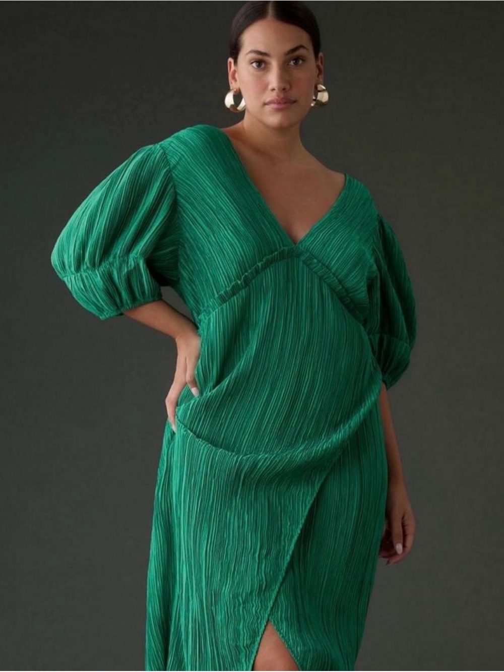 Anthropologie Emerald Green Pleated V-Neck Midi Dress Size 1X